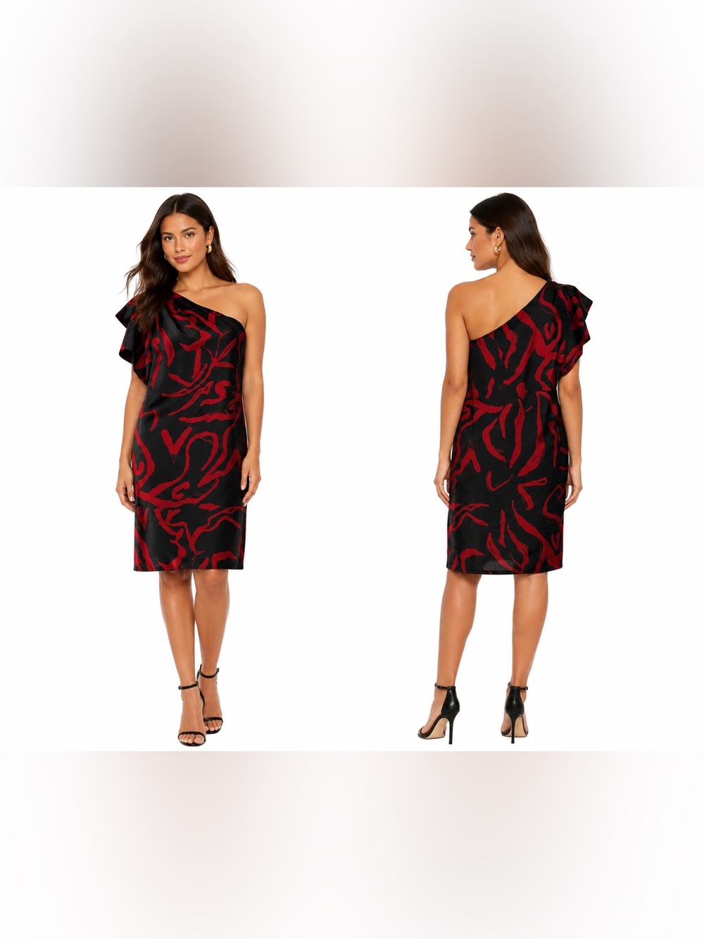 Rachel Roy One-Shoulder Black Red Abstract Print Cocktail Dress  Knee Length